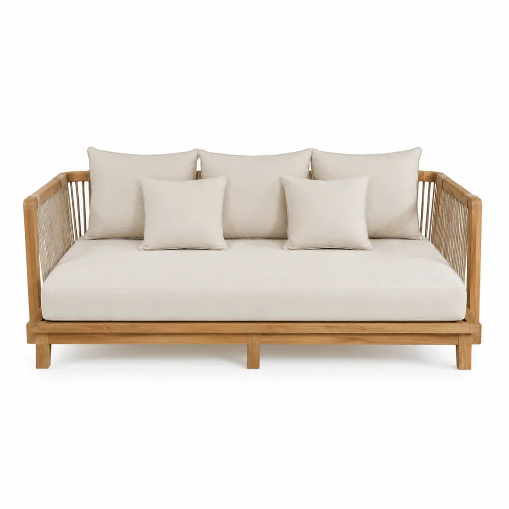 Divano da giorno in legno teak e tessuto beige con cuscini
