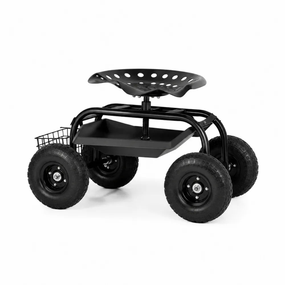 Sgabello da giardinaggio in metallo nero con ruote regolabili