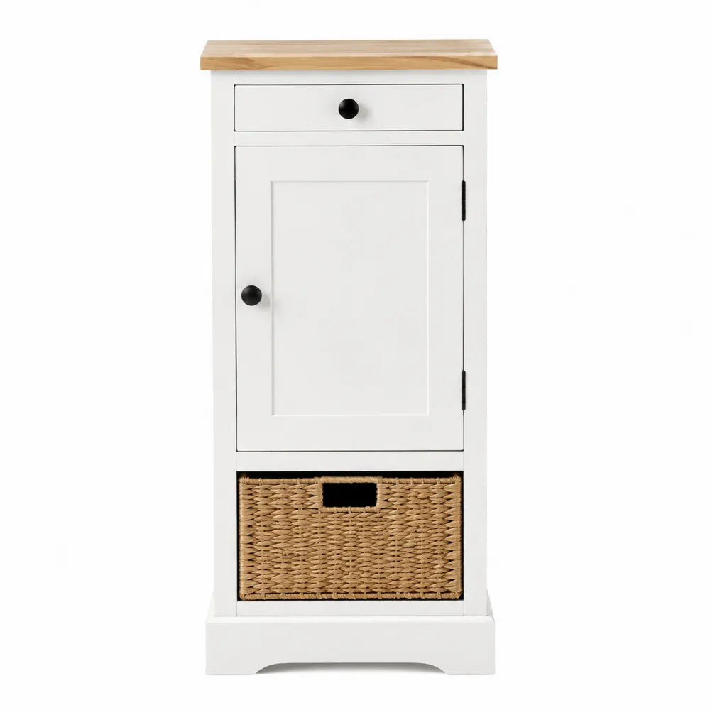 Mobiletto in legno bianco con cassetto e cestino in vimini