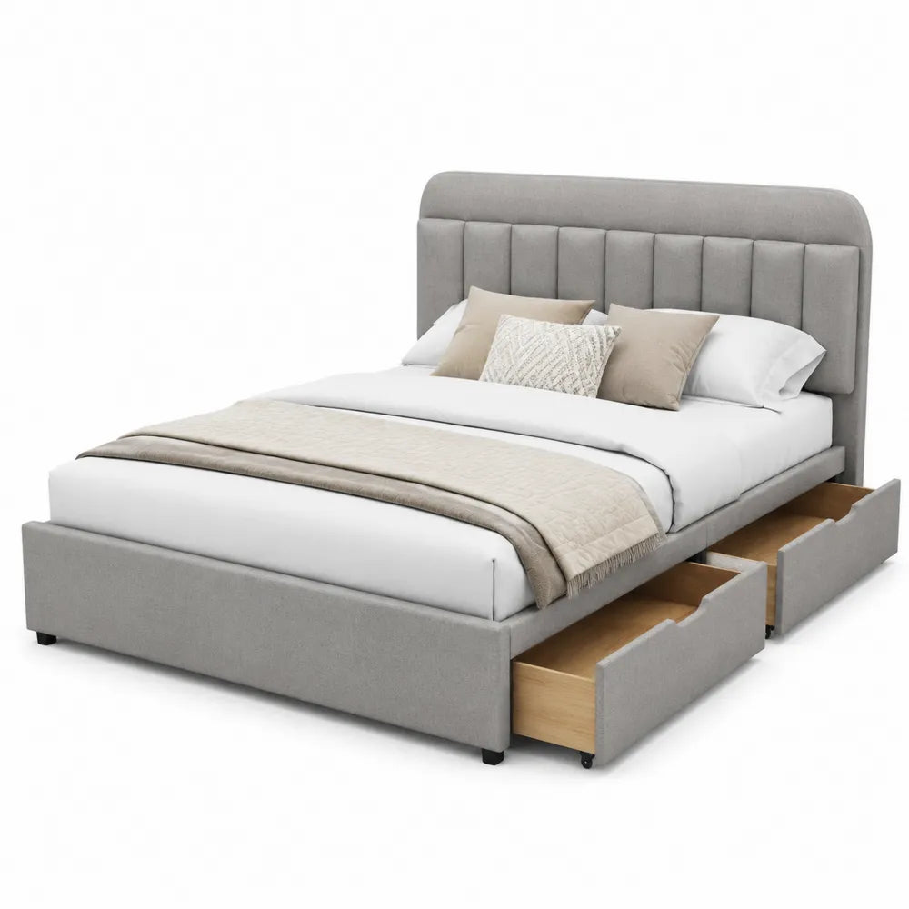 Letto matrimoniale in tessuto grigio con cassetti 200x160 cm