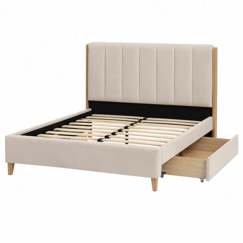 Letto matrimoniale in legno con testiera imbottita beige e cassetti