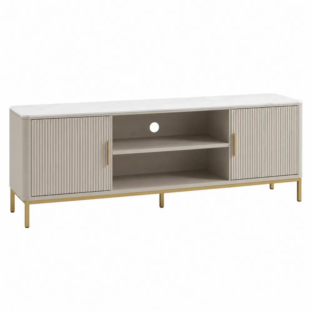 Mobile TV in legno MDF con dettagli in metallo dorato e superficie effetto marmo