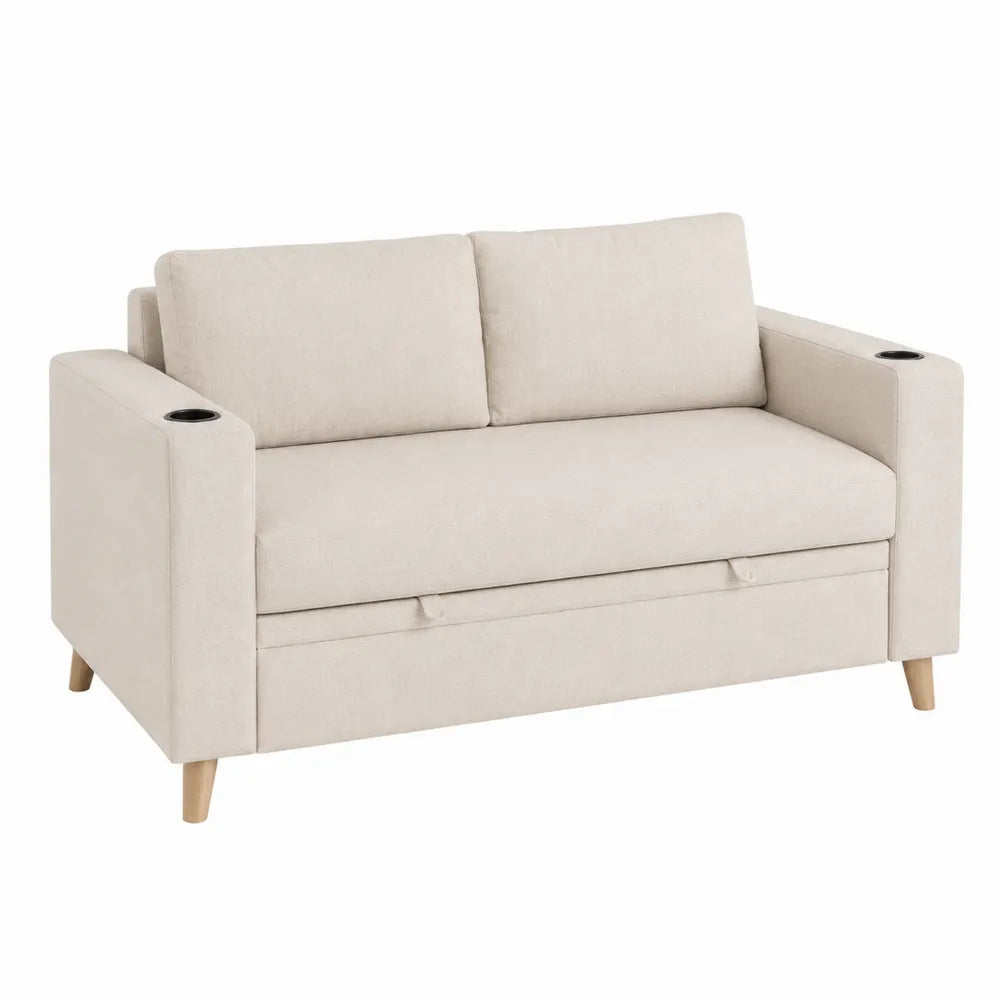 Divano letto in tessuto beige con portabicchieri