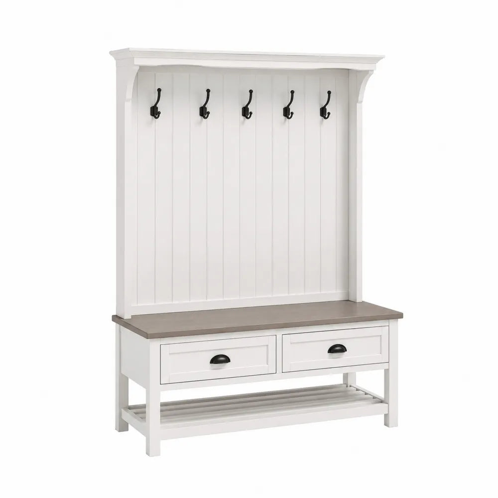 Appendiabiti con Panca e Cassetti in Legno Bianco e Grigio Chiaro