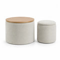 Set di pouf cilindrici in tessuto bianco con coperchio in legno