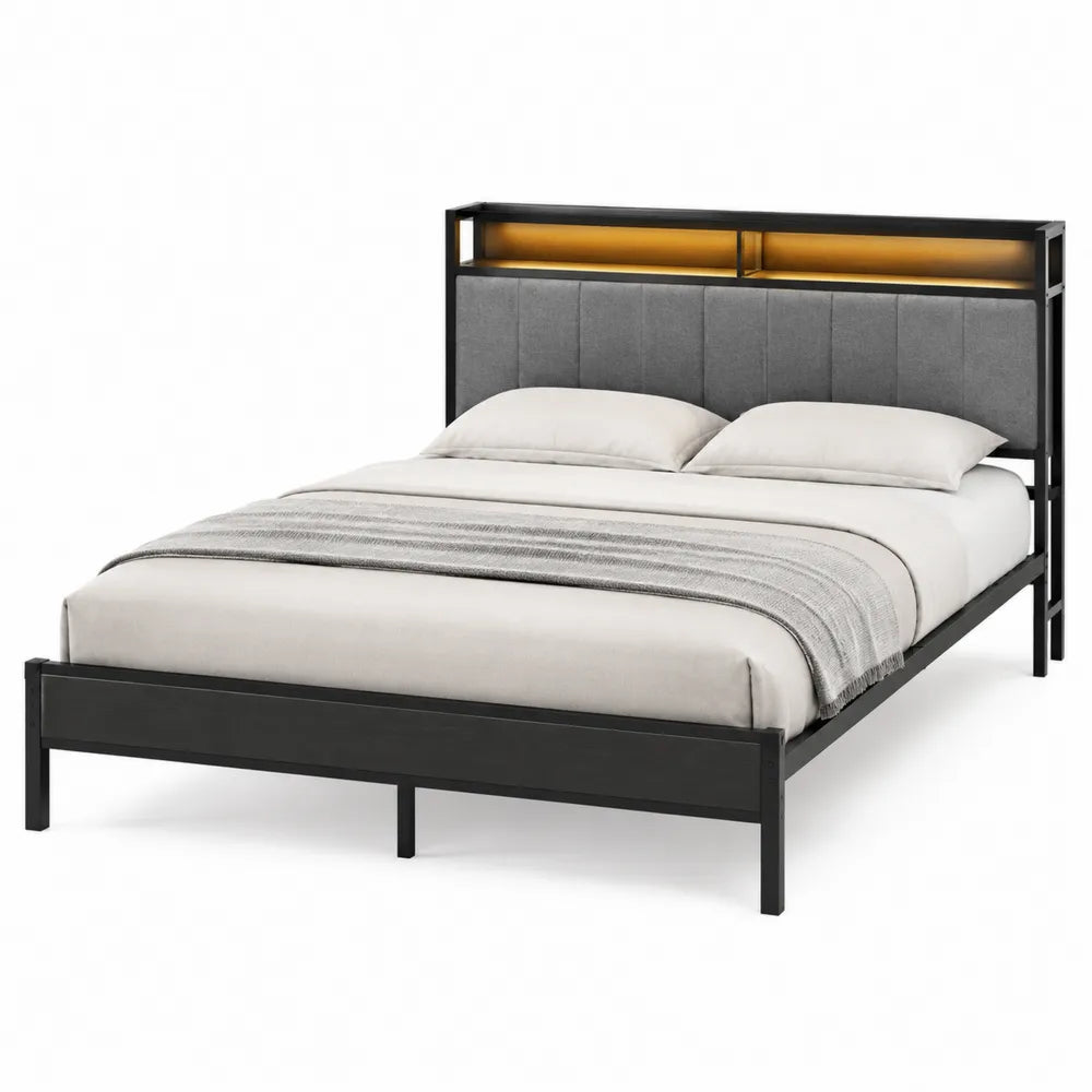 Letto matrimoniale in metallo nero con testiera imbottita e luce LED 160x200 cm