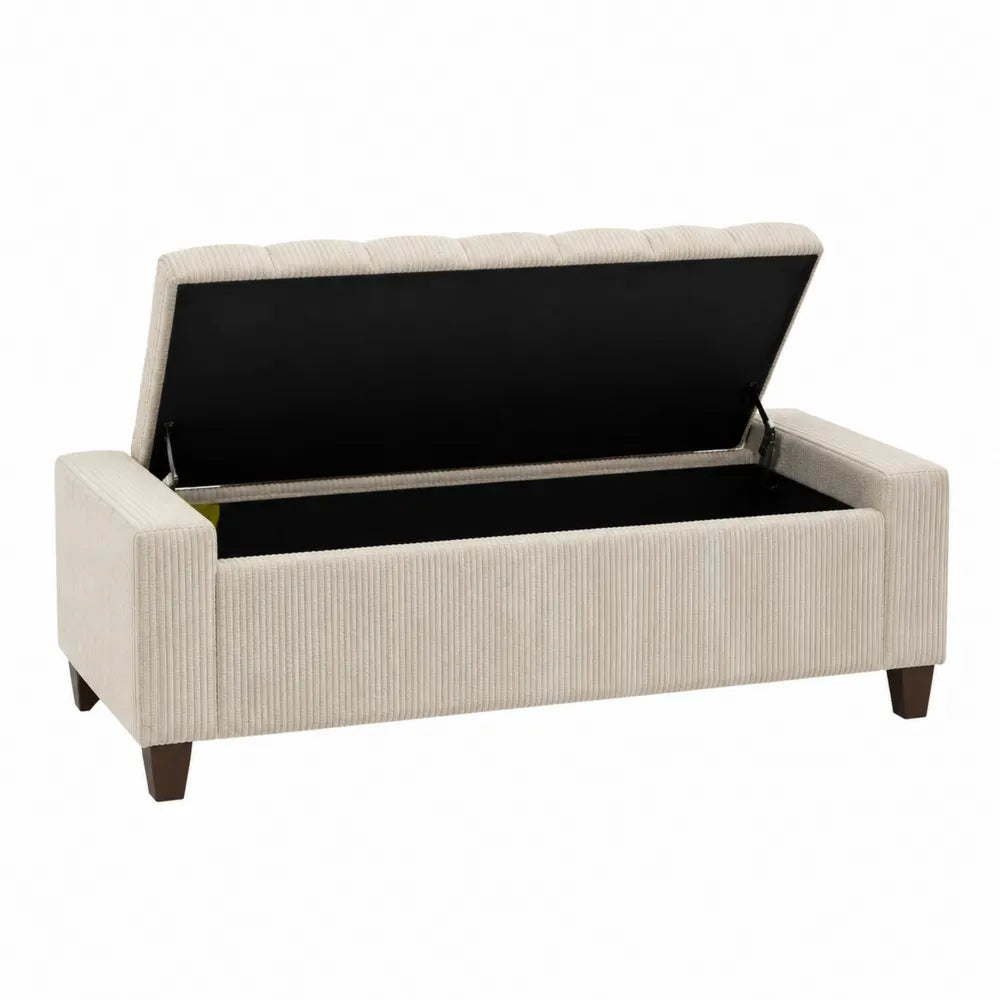 Panca Contenitore in Tessuto a Coste Beige con Gambe in Legno