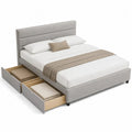 Letto matrimoniale con contenitore e cassetti in legno e tessuto grigio