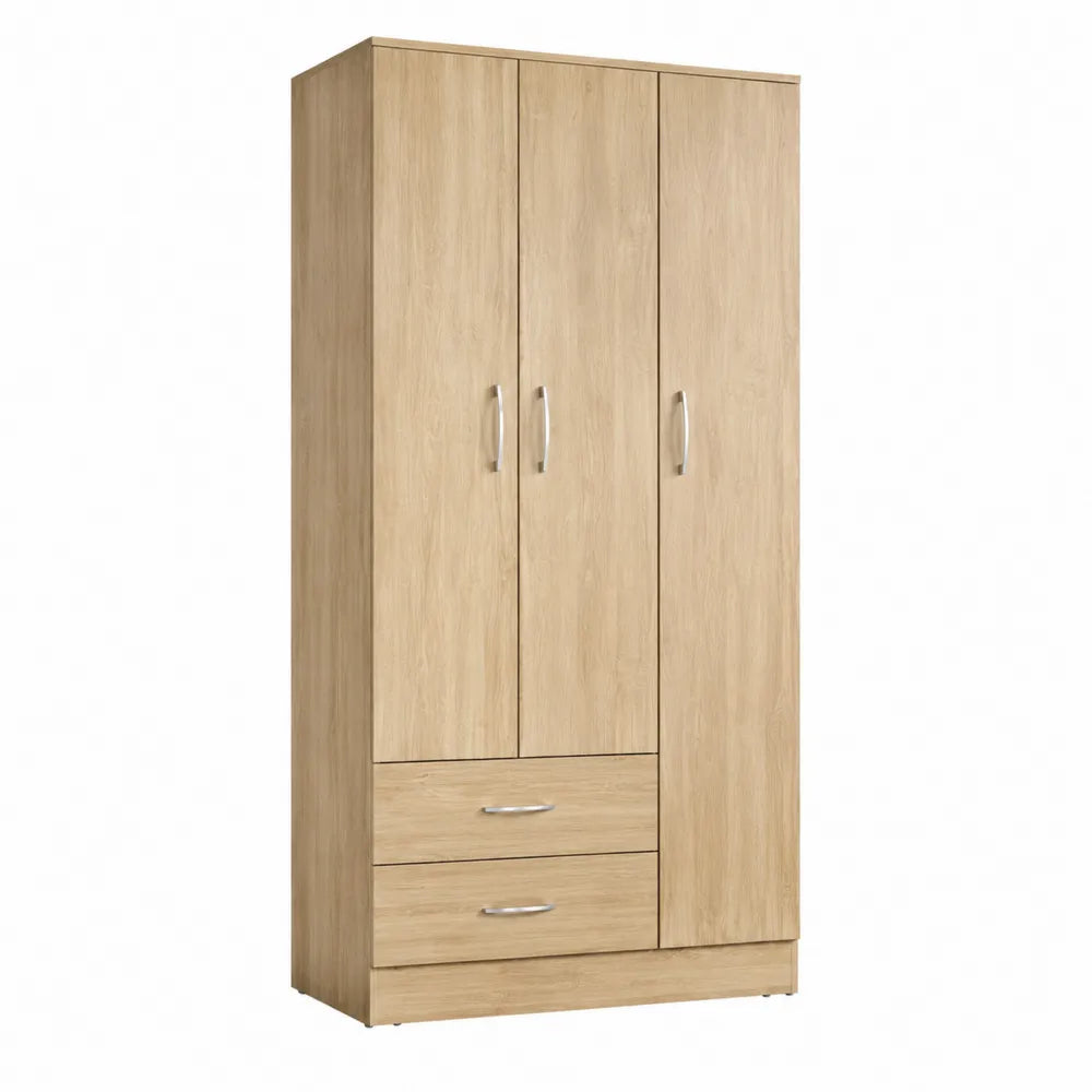 Armadio a Tre Ante e Due Cassetti in Legno Rovere Chiaro