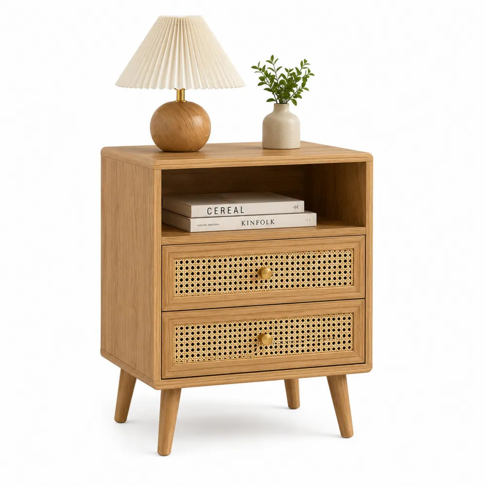 Comodino in legno massello e rattan 60x40x30 cm