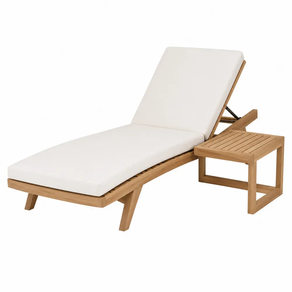 Sdraio in legno di teak con materasso bianco e tavolino