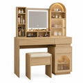Toletta in Legno con Specchio LED e Sgabello Imbottito, Colore Rovere Naturale