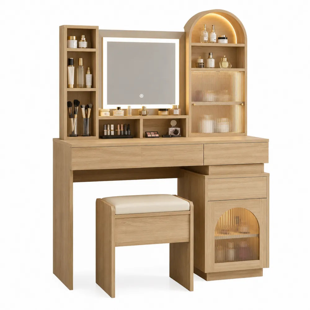 Toletta in Legno con Specchio LED e Sgabello Imbottito, Colore Rovere Naturale