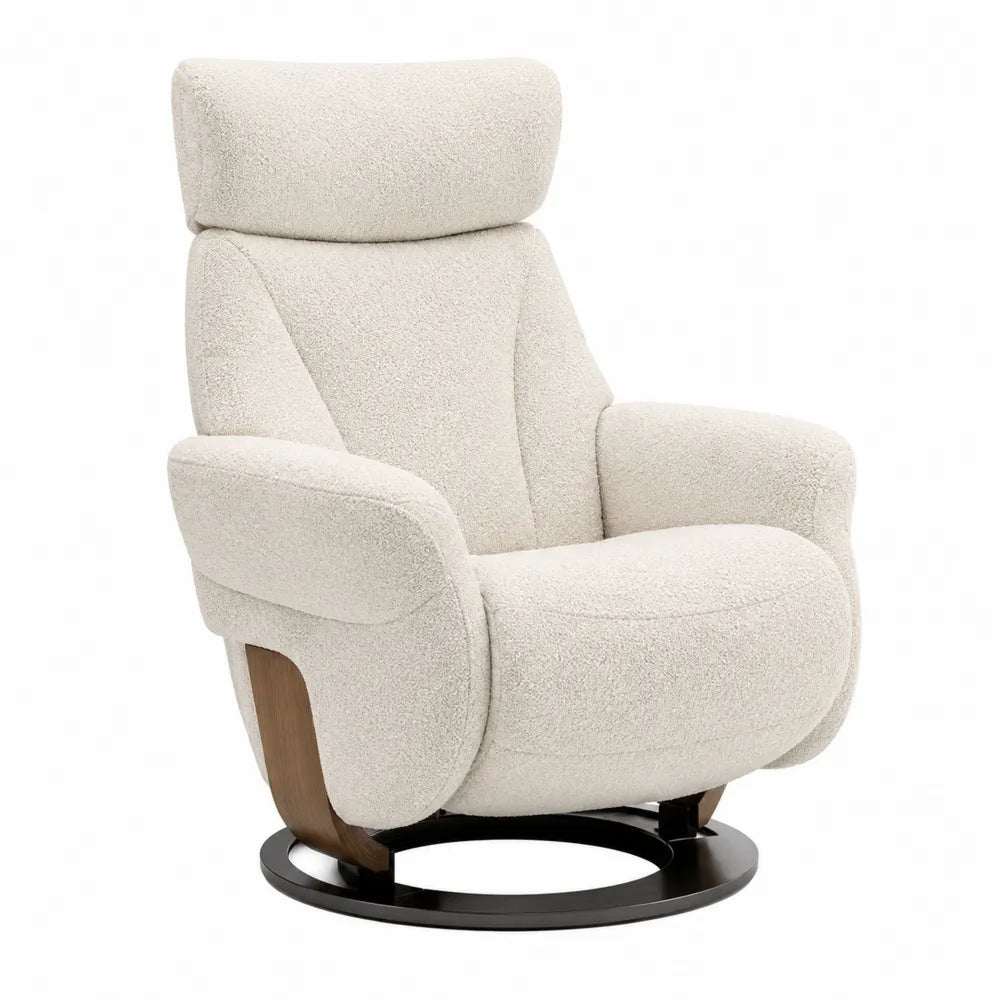 Poltrona reclinabile in tessuto bouclé bianco con base in metallo e legno