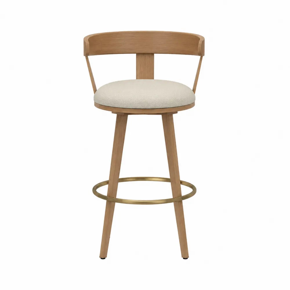 Sgabello da Bar in Legno con Seduta in Tessuto Beige e Poggiapiedi in Metallo