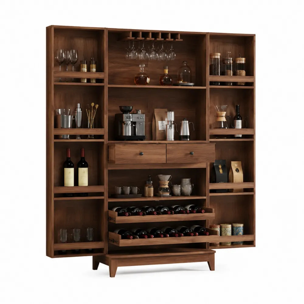 Buffet da Cucina in Legno di Noce con Portabottiglie e Scomparti