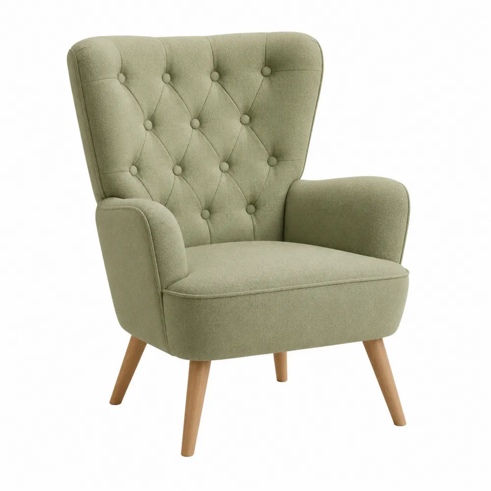 Poltrona in tessuto verde con gambe in legno