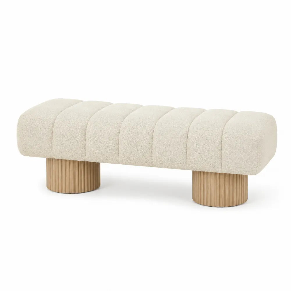 Panca legno e tessuto bouclé crema, 120x40x45 cm