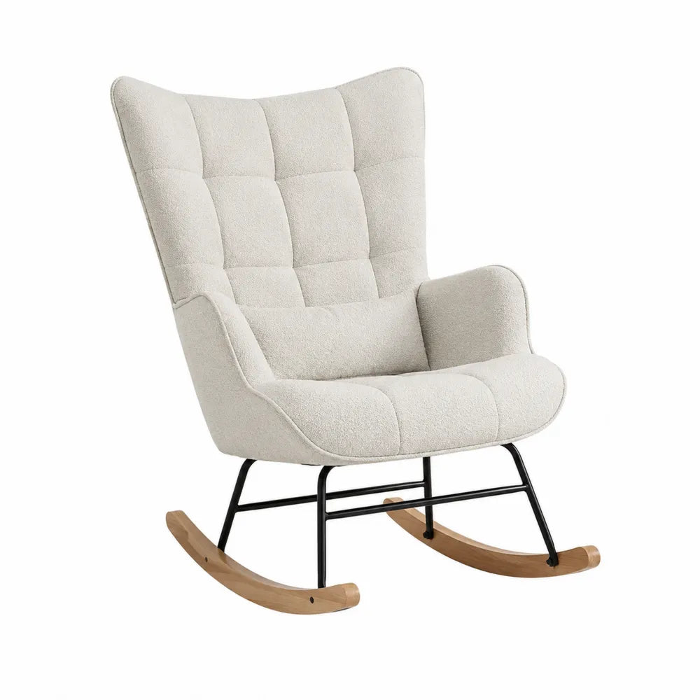 Sedia a Dondolo in Tessuto Crema con Struttura in Metallo e Base in Legno