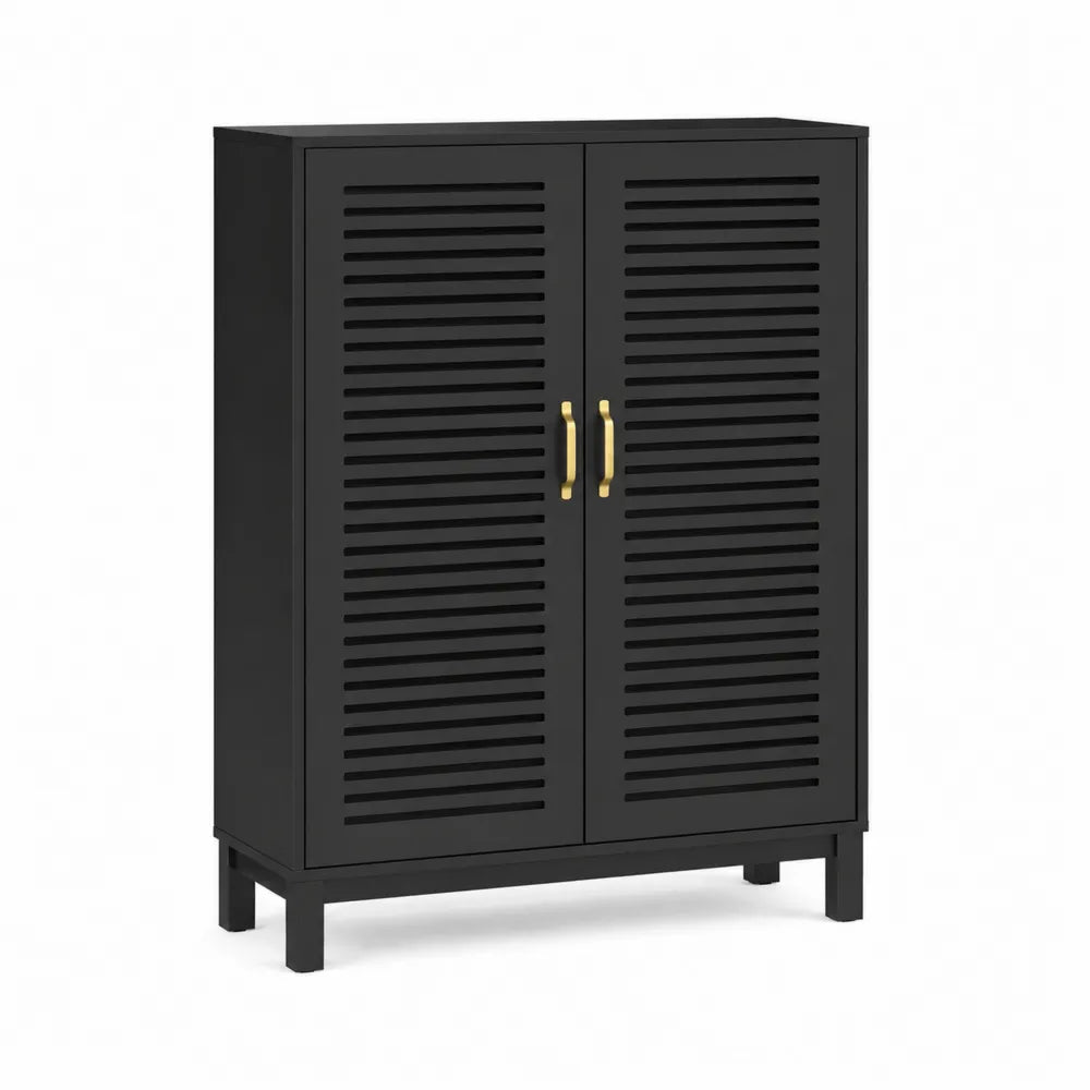 Credenza portascarpe in legno nero con maniglie dorate, 80x30x120 cm