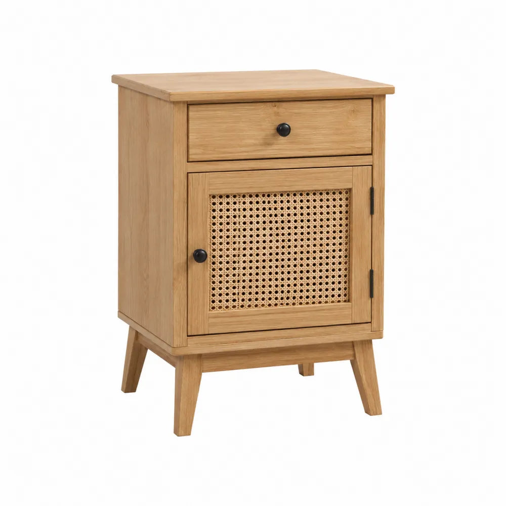 Comodino in legno e rattan naturale con anta in rattan