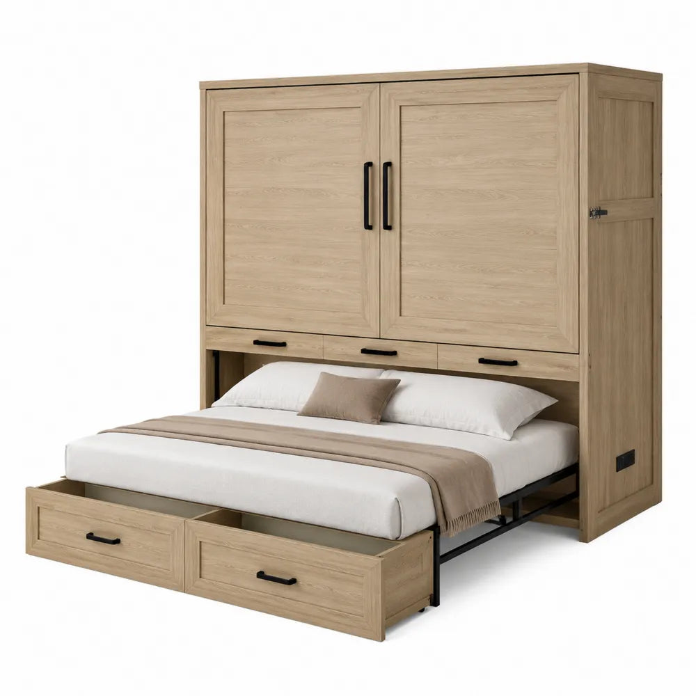 Letto a scomparsa matrimoniale con armadio in legno laminato chiaro con cassetti